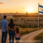 Familia de inmigrantes observando una ciudad israelí al atardecer, con un camino que se divide entre la luz y la sombra, simbolizando la elección de quedarse en Israel.