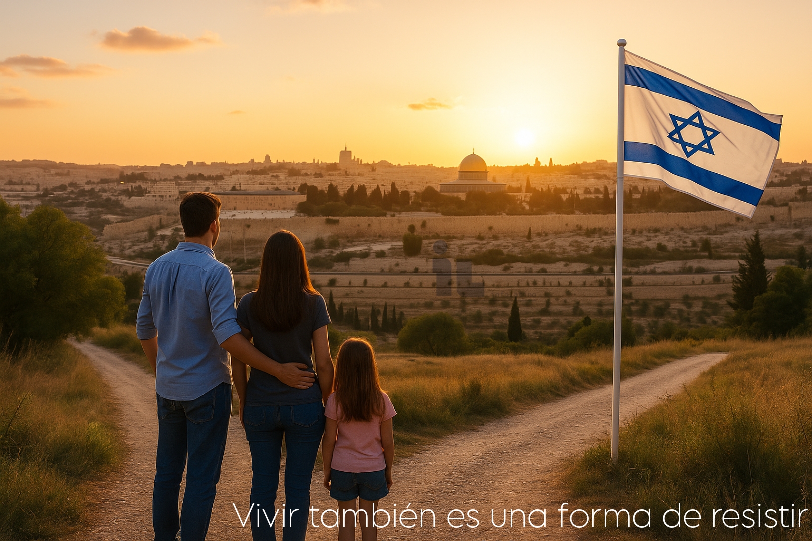 Familia de inmigrantes observando una ciudad israelí al atardecer, con un camino que se divide entre la luz y la sombra, simbolizando la elección de quedarse en Israel.